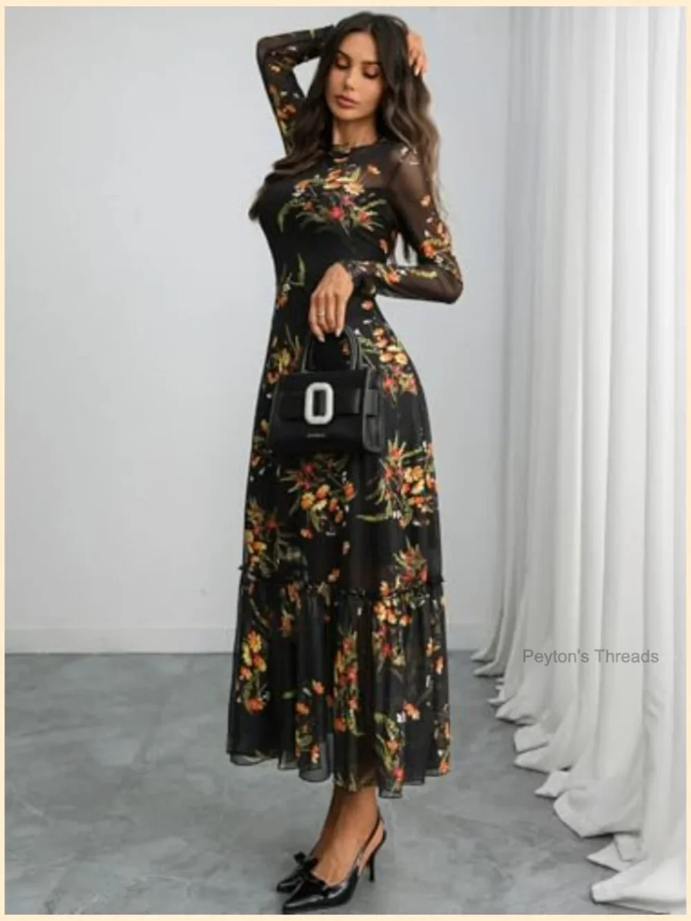 Floral Mesh Maxi Dress Long Sleeve A Line Ruffle Hem Wedding Guest - Picture 4 of 7